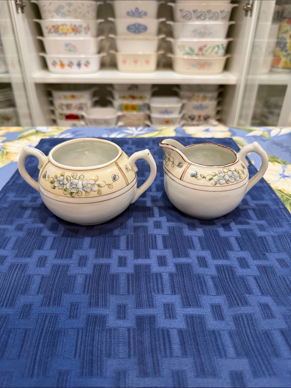 Vintage Floral Ceramic Sugar and Creamer Set in Cream and Blue